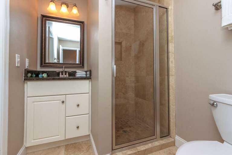 Guest bathroom walk in tiled shower.