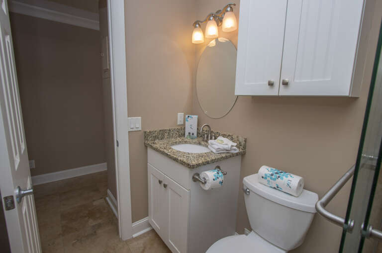 The vanity/sink in the Master Bath is topped with the same granite 