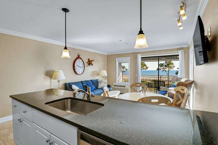 Island looks over the main living area.