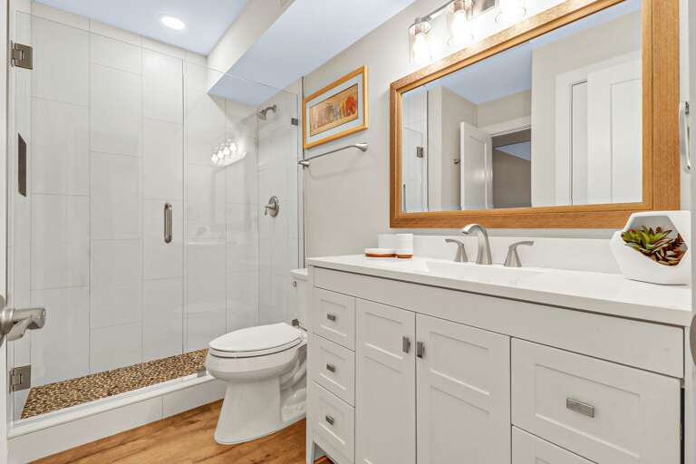 Beautifully renovated bathroom with walk-in shower, new flooring and vanity 