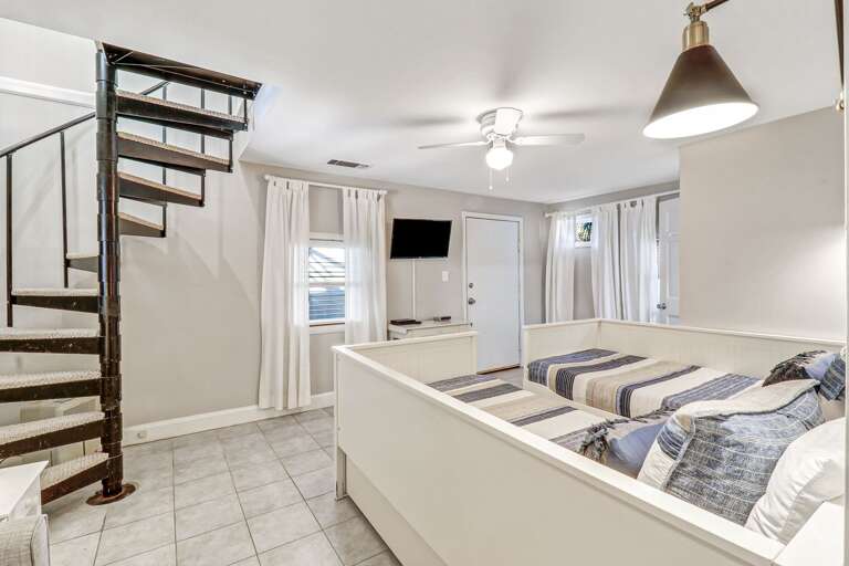 Newly renovated lower floor with twin beds.