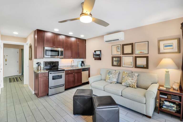 The updated living area has a sleeper sofa for extra sleeping space.