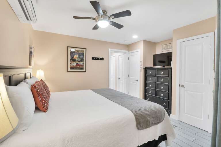 Bedroom has a king sized Stearns and Foster Estate mattress and large chest of drawers for all your belongings.