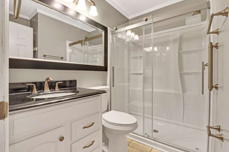 Newly renovated bathroom with walk-in shower, new vanity and paint.  