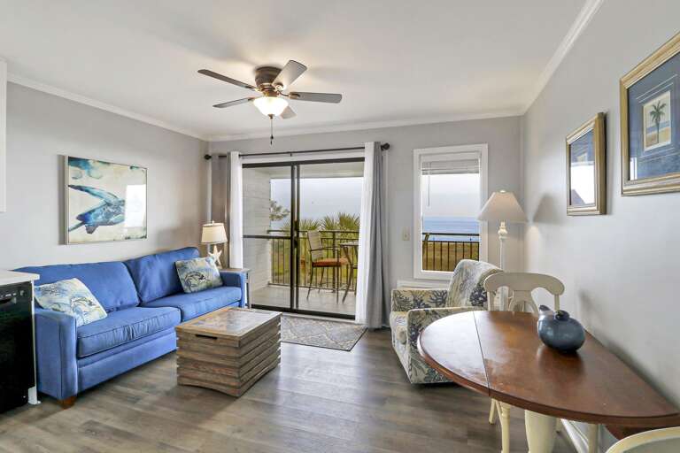 Lovely decorated unit with new paint and window treatments.  Dining room table will seat 4 and there is also a queen sized sleeper sofa for additional guests.  