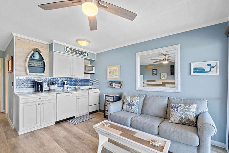 Interior With Kitchen And Living Area, Blue And White Decor Interior With Kitchen And Living Area, Blue And White Decor