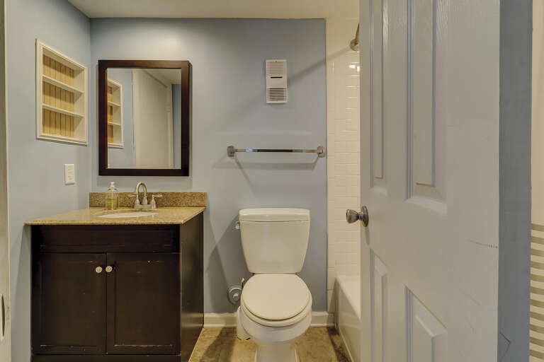 newly renovated bathroom with tub/shower combination  newly renovated bathroom with tub/shower combination