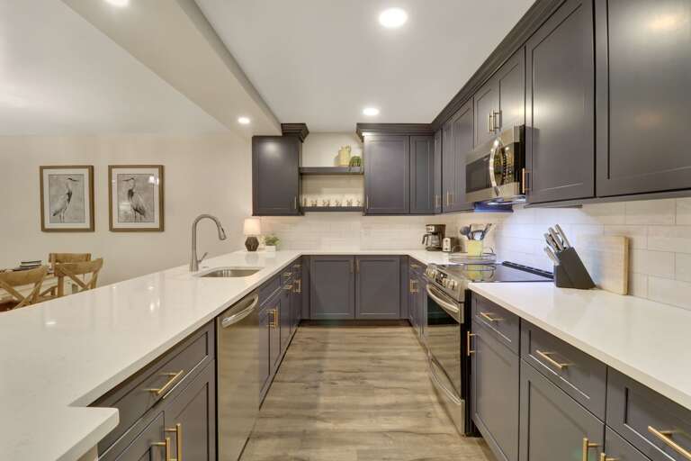 Fully equipped (standard drip coffeemaker) full sized renovated kitchen has everything you need to make your vacation meals memorable. 