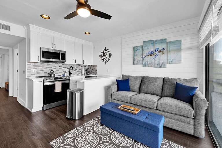 Interior Of A Vacation Rental Living Room With Kitchenette
