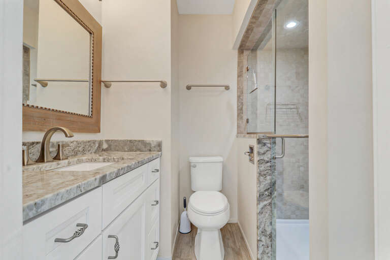 This recently renovated bathroom features a walk in shower and stunning vanity.