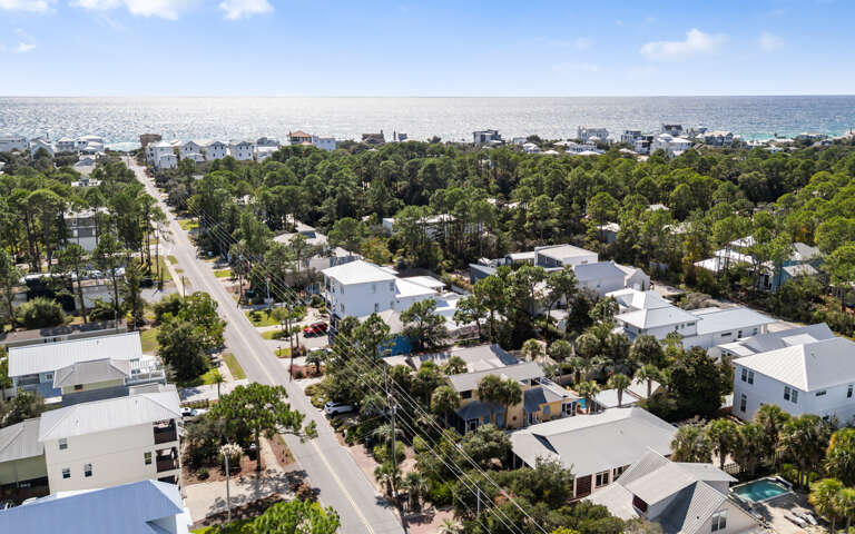 Aerial View Of A Sunny Seaside Street Lined With Houses, Palms Peeking, Facing A Vast Ocean