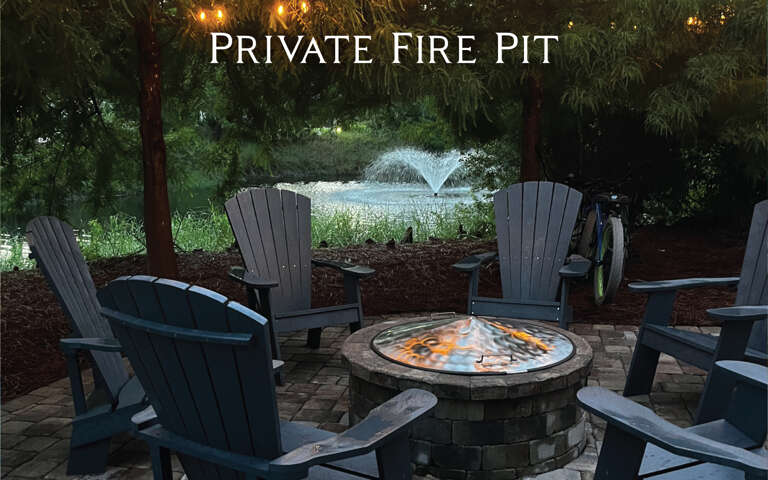 Outdoor Seating Area Around Fire Pit With Text PRIVATE FIRE PIT