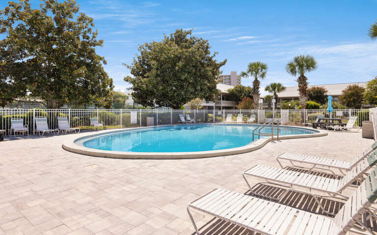Take a refreshing dip in your community oval pool, surrounded by comfortable loungers and tropical palms for the perfect sunny getaway.