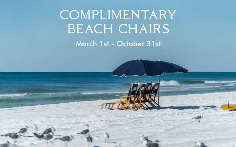 Beach With Umbrella And Chairs, Seagulls, Ocean Background, Text Overlay