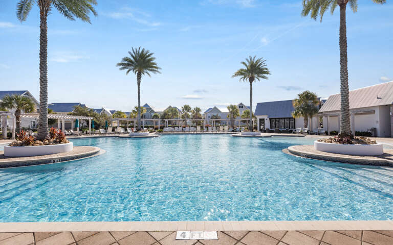 Swimming Pool With Palm Trees And Buildings In Background