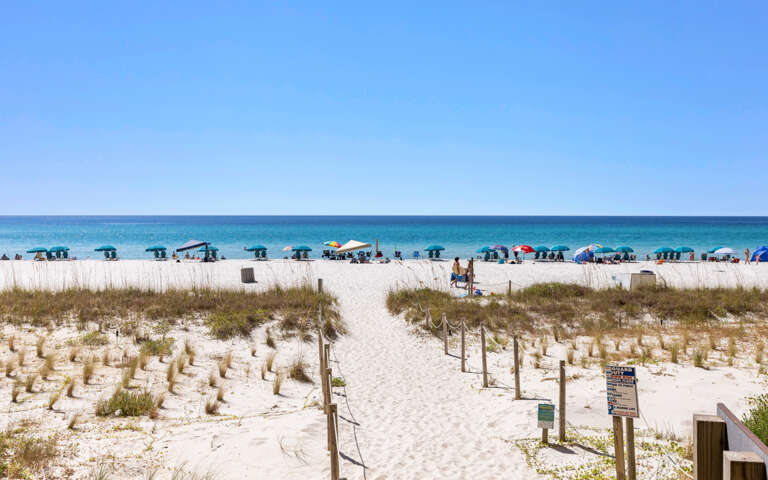 Sandy Beach With Umbrellas And Clear Sky