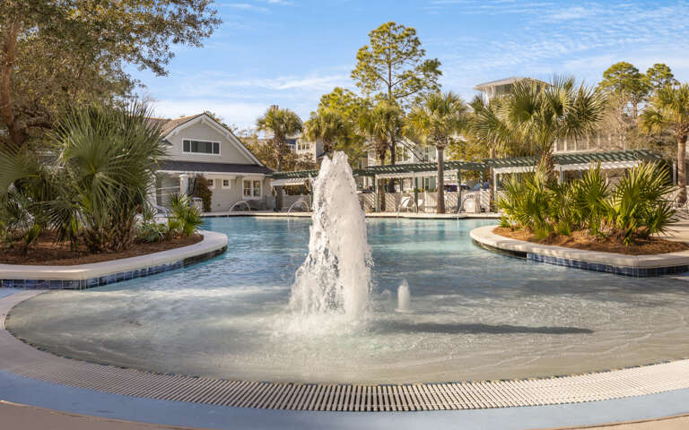 Poolside Panorama, Palms And A Prominent Fountain