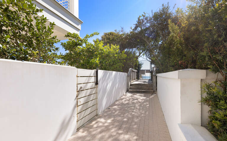 A welcoming pathway leads through lush native gardens to the property entrance, framed by mature trees and contemporary architecture.