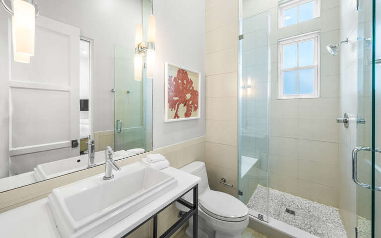 Step into your sleek modern bathroom with glass shower, pristine fixtures, and coral artwork for a refined retreat.