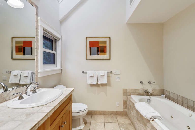 Master Bathroom steam shower, spa jetted tub and double vanity (steam shower next to tub)