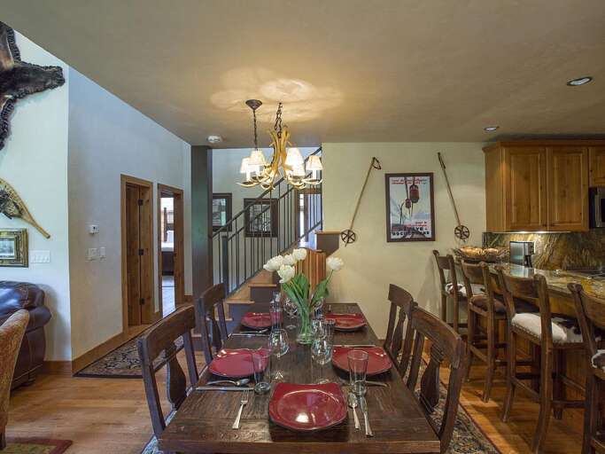 Dining room table sits 8 (6 chairs in photo).