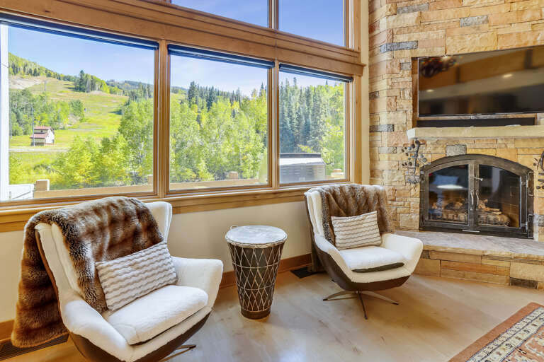 The large windows in the main living area have epic views summer or winter. 
