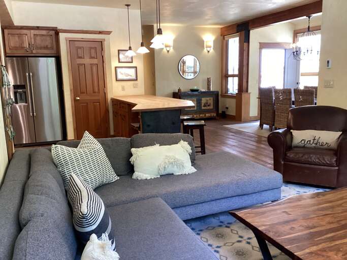 Large open living areas at Plunge Terrace combining kitchen, dining. 