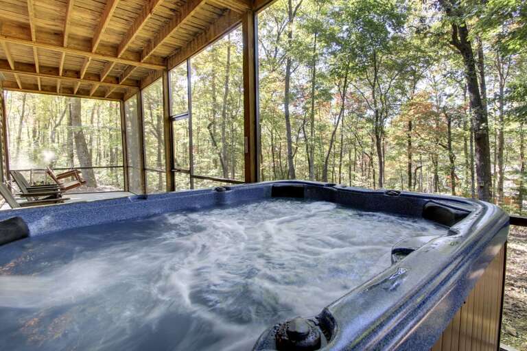 Enjoy the 4 person Hot Tub on the screened patio located on the lower level of the cabin.