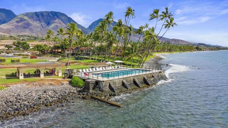 Palms Perched By Peaceful Pier, Tropical Mountains Backdrop