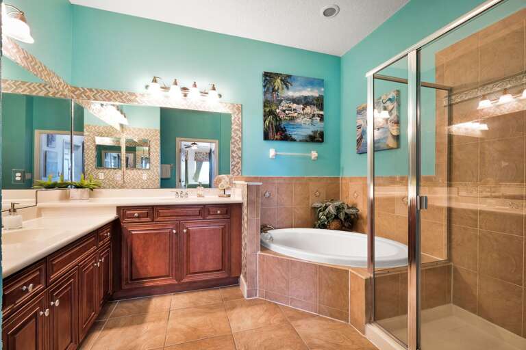The spacious ensuite master bathroom has a shower and a tub The spacious ensuite master bathroom has a shower and a tub