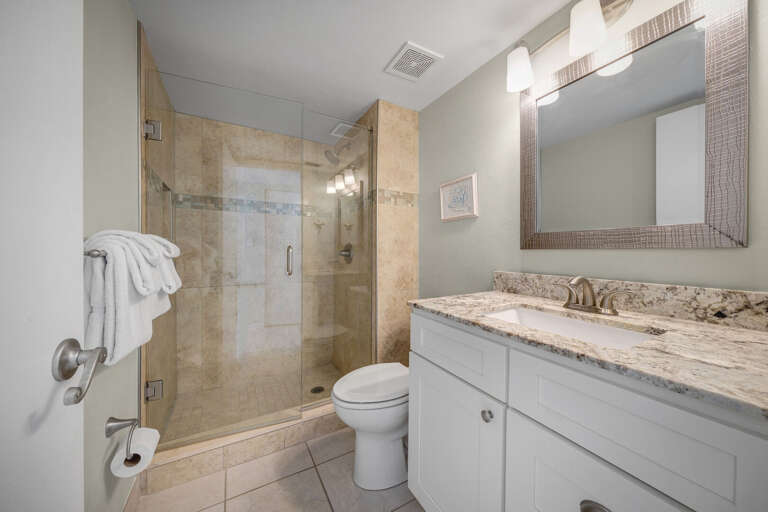 The master bathroom features a sleek glass and tile shower, along with elegant granite counters The master bathroom features a sleek glass and tile shower, along with elegant granite counters