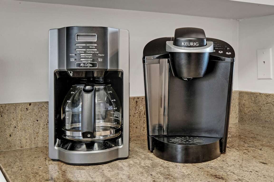 The fully equipped kitchen features both a standard drip coffee maker and a Keurig, so you can enjoy your perfect cup of coffee. The fully equipped kitchen features both a standard drip coffee maker and a Keurig, so you can enjoy your perfect cup of coffee.
