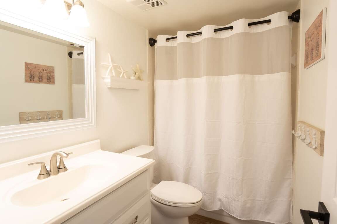 The spacious guest bathroom with a combo tub and shower. The spacious guest bathroom with a combo tub and shower.