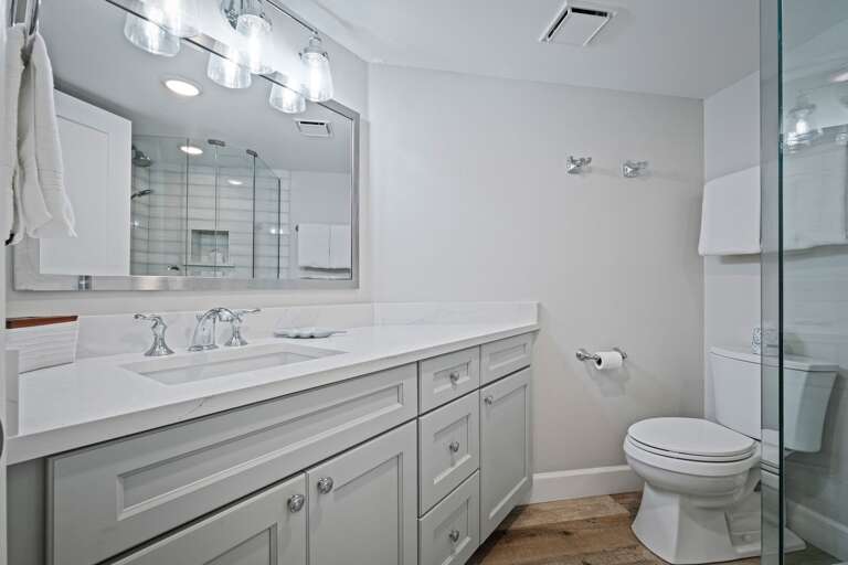 Guest bathroom featuring a sleek glass and tile shower Guest bathroom featuring a sleek glass and tile shower