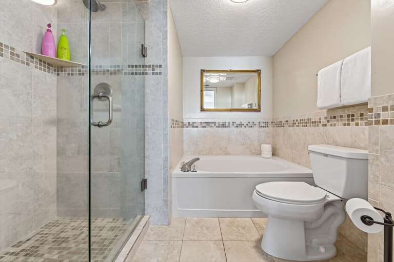 The ensuite master bathroom features a large vanity, relaxing bathtub, and stylish glass and tile shower
