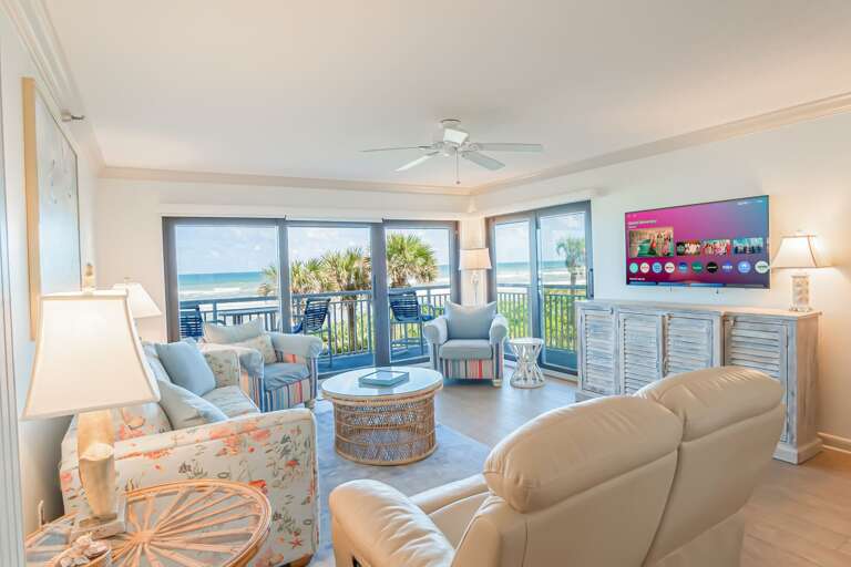 Relax in the oceanfront living room, featuring breathtaking views and a large smart TV Relax in the oceanfront living room, featuring breathtaking views and a large smart TV