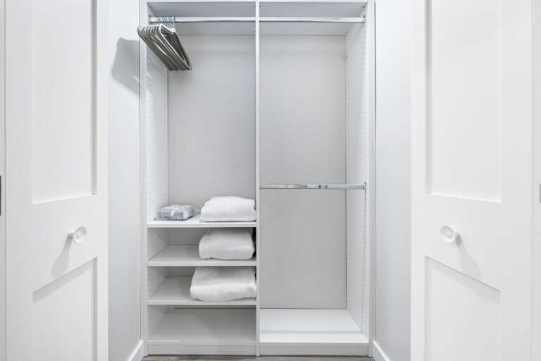 Additional storage in the master bathroom entryway closet Additional storage in the master bathroom entryway closet