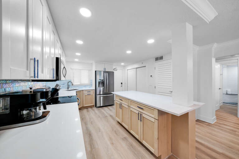 The kitchen island offers additional space to cook and prepare beach snacks