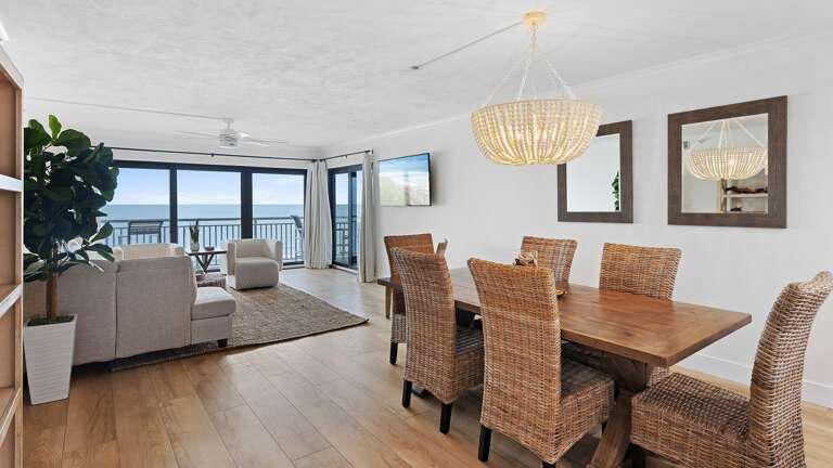 Enjoy stunning ocean views from the dining room, living room, and master bedroom – creating a seamless connection to the beauty of New Smyrna Beach from the comfort of your condo Enjoy stunning ocean views from the dining room, living room, and master bedroom – creating a seamless connection to the beauty of New Smyrna Beach from the comfort of your condo