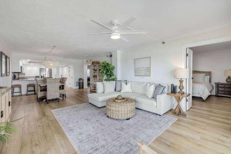 The stylish, well-appointed living room provides a comfortable space to unwind and make the most of your beach getaway