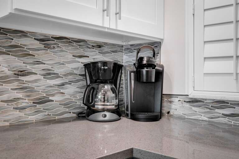 The kitchen has a standard drip and a Keurig coffee maker