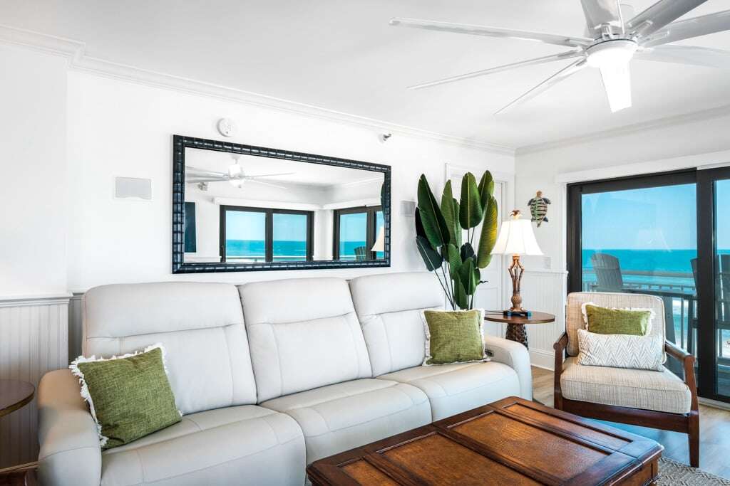 Enjoy a zero-gravity reclining sofa and plenty of additional seating in the oceanfront living room, perfect for unwinding while taking in the breathtaking views Enjoy a zero-gravity reclining sofa and plenty of additional seating in the oceanfront living room, perfect for unwinding while taking in the breathtaking views