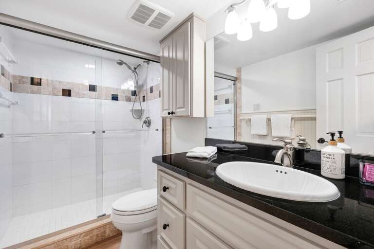 The guest bathroom has been beautifully updated with a sleek glass and tile shower The guest bathroom has been beautifully updated with a sleek glass and tile shower