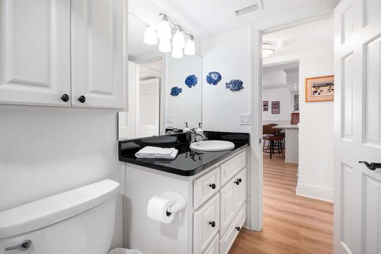 The modern guest bathroom features elegant granite countertops The modern guest bathroom features elegant granite countertops
