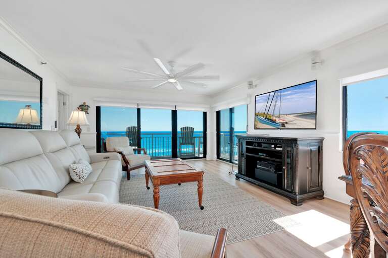 Relax on comfortable zero-gravity reclining sofa in the living room, where you can enjoy a large cable TV and a stunning ocean view Relax on comfortable zero-gravity reclining sofa in the living room, where you can enjoy a large cable TV and a stunning ocean view