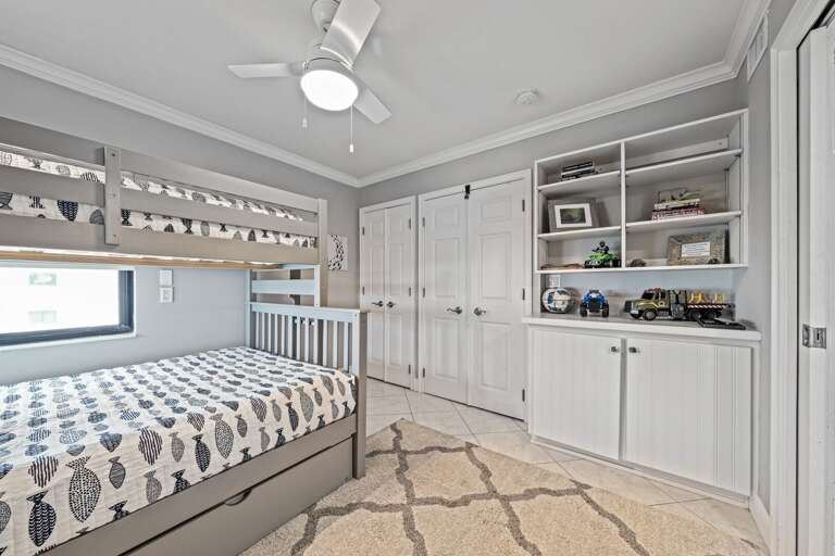 The bunk bed guest room is family-friendly with toys for the kids