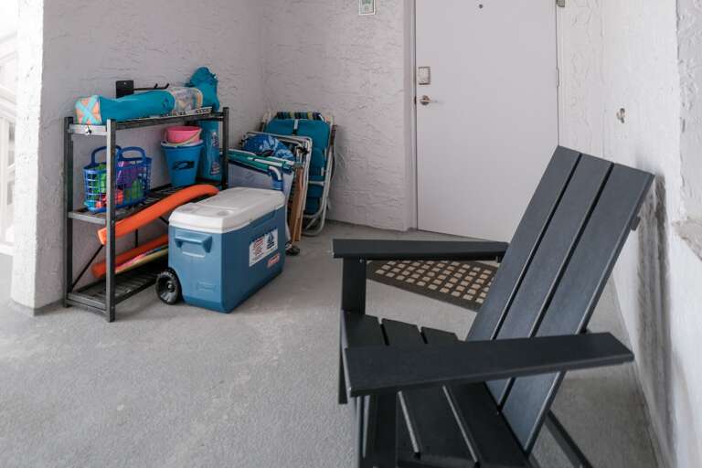 Beach chairs and other beach items are provided