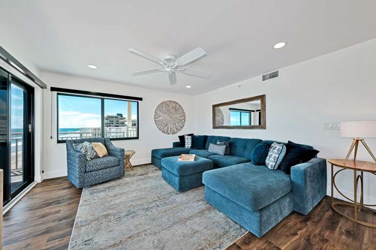 Direct oceanfront living room overlooking New Smyrna Beach