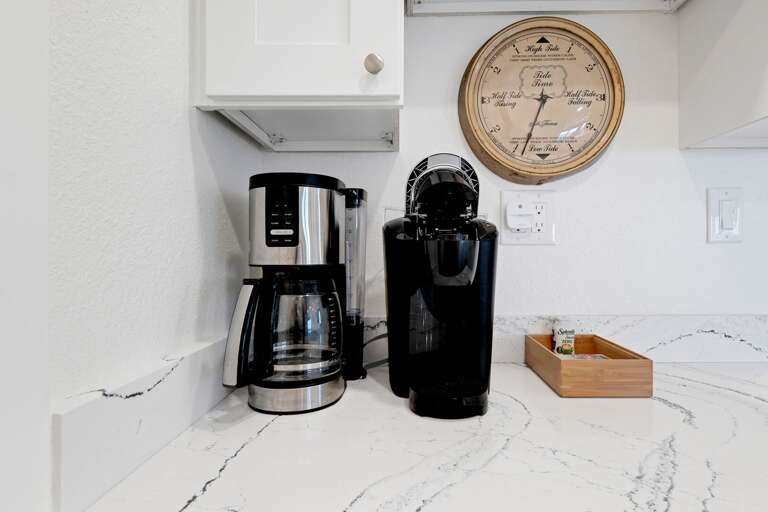 The kitchen has a standard drip and a Keurig coffee maker