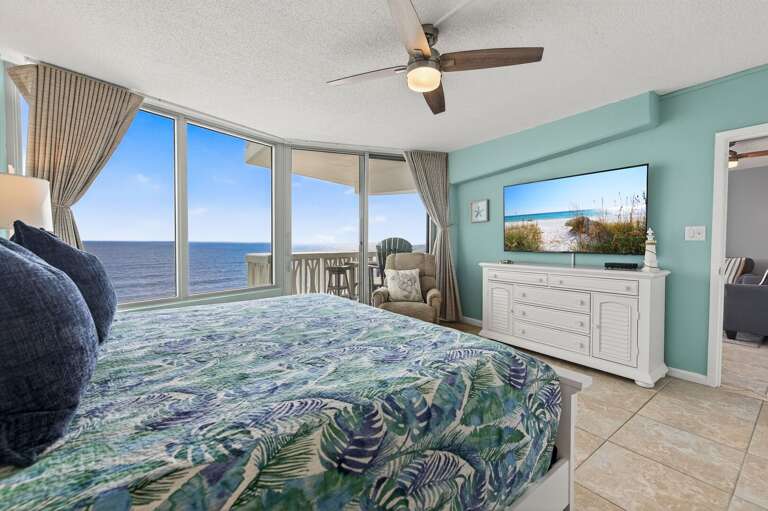 Enjoy beachy vibes and breezy mornings in the oceanfront master bedroom with a connected oceanfront balcony. Enjoy beachy vibes and breezy mornings in the oceanfront master bedroom with a connected oceanfront balcony.
